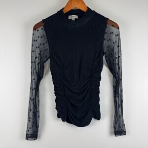 Evereve Sheer Black Ruched Top with Polka Dot Detail ~ XS